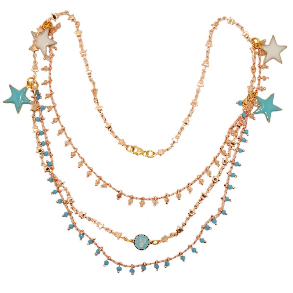 Le Troisième Songe Collana a più fili con charms azzurro bianco oro, metallo dorato nichel free, lunghezza cm 29. Collana fatta a mano. Pezzo unico. Collane bigiotteria particolari. Collane corte. Collana donna. Collana donna girocollo. Collane moderne. Collane boho. Collane romantiche.
